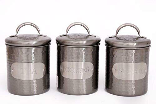 Set of Silver/Grey Hammered Tea Coffee Sugar Metal Canisters