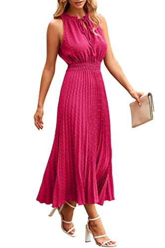 PRETTYGARDEN Women's Midi Summer Dresses Casual V Neck Swiss Dot Ruffle Sleeveless A Line Beach Sun Dress (Rose Red,Medium)