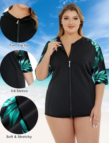 Cucuchy Style Womens 1/4 Zip Up Rash Guard for Women Long Sleeve Swim Shirts UV Sun Protection Swimsuit XL-5XL4