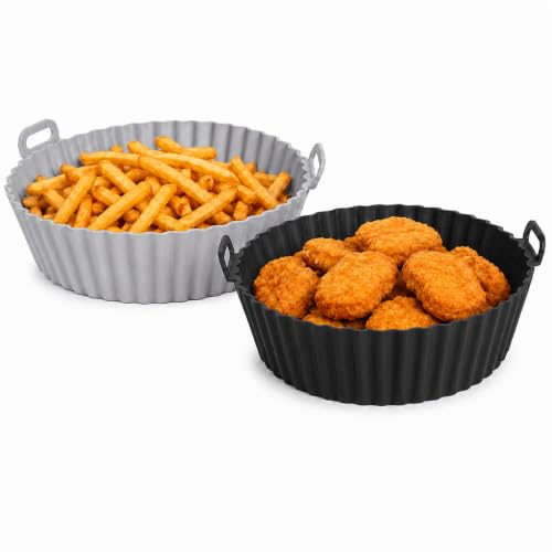 Image of Cutting EDGE Silicone Air Fryer Basket | Non Stick & Reusable Baking Tray | Round Liners with Ear Handles, Heat Resistant Oven Cooking Accessories (Set of 2, Black & Grey - Color)