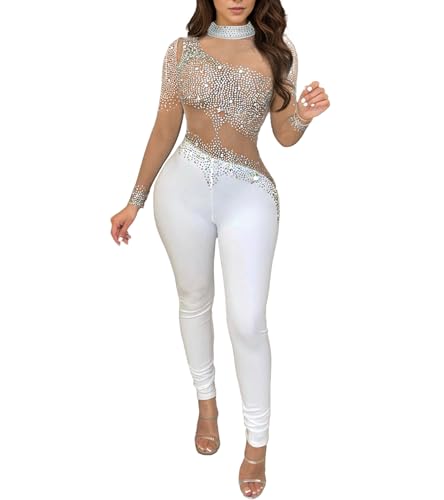 Image of Jigfar Women Sexy Embellished Rhinestone Bodycon Jumpsuit Mesh See Through Patchwork Birthday Party Night Out Clubwear