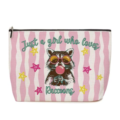 Funny Raccoon Gifts for Girls Makeup Bag Pink Striped Cosmetic Bag