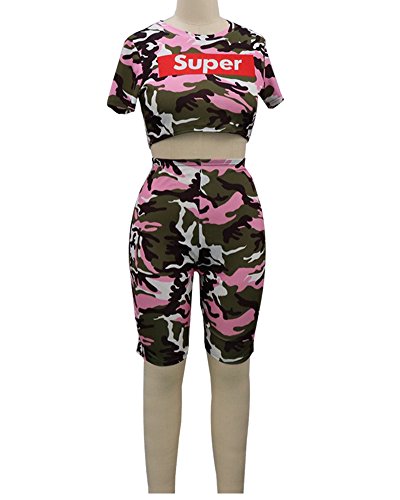 Women's Camouflage Short Sleeve T Shirt Crop Top+Pants 2 Piece Outfits Set Tracksuit Red M #TOP2