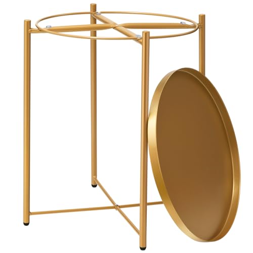 danpinera Gold Side Table, Gold End Table for Small Spaces Outdoor Accent Table Round Metal Patio Coffee Table Waterproof Removable Tray Table for Living Room Bedroom Balcony Office (Gold)