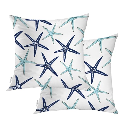 BaoNews Sky Blue Nautical Starfish Throw Pillow Covers,Beachy Coastal White Navy Sea Star Cushion Cover Digital Blended Hidden Zipperl Decorative Pillowcases for Hair Skin Square 22X22 in 2 Pcs