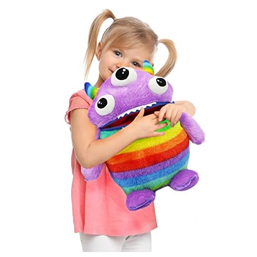 Worry Yummy Barnmonster mjuk leksak – stor 38 cm (15 tum) mjuk gosig leksak för barn. Pojkar och flickor ångest, stress och rädsla minskar sömnkompanjon – lila "dragkedja"