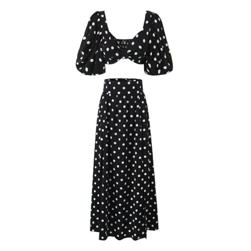 Nogkdyc Robe d’été pour Femmes Robe de Vacances 2 pièces en Bord de mer Ensemble de Jupe à Pois fendus(L/Noir)