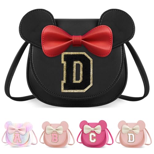 XSUIOY Toddler Purse Girl Wallet for Kids 2-9 Year Old Birthday Gifts,Cute Mouse Ear Bow Crossbody Shoulder Purses,Personalized Initial Purse Toddler Wallet Gifts for Little Girl(black_D)