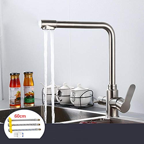 キッチン蛇口 3 ウェイ浄水器タップ 304 ステンレス鋼ホットおよびコールドシンクダブルアウトレット直接飲料水浄水器キッチン蛇口-A(E)