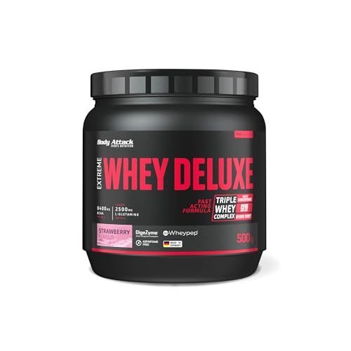 Body Attack Extreme Whey Deluxe - Strawberry Cream, 500g - Made in Germany - Eiweißpulver mit Aminosäuren, Triple-Complex, CFM Whey Isolate, Protein-Pulver, fettarm, zuckerarm