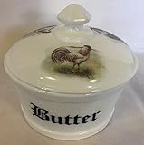 Covered Tub Dish ' Butter ' - w/ Chickens Roosters - American Made - Mosser USA (Milk, White Leghorn)