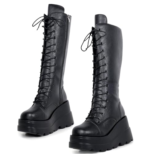 Gothniero Women Black Platform Goth Boots Mid Calf with Heel Knee High Boots Winter Chunky Heel Punk Rave Boots Girls Lace Up Combat Booties Size 5.5-11