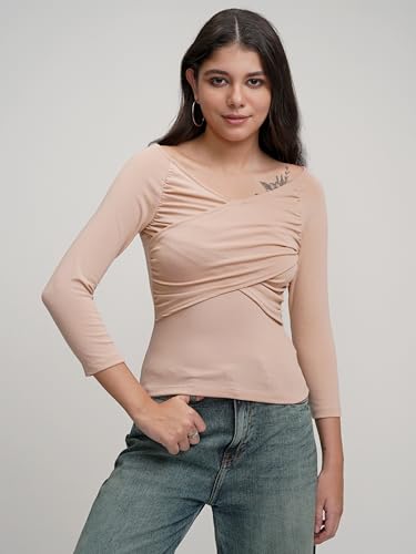 Image of Tokyo Talkies Women's Round Neck Full Sleeve Regular Top with Wrap Gather | Stylish & Comfortable | Perfect for Casual & Day Outings | Tops for Woman | Women Tops | Stylish Top