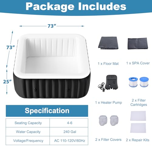 NAIZEA Inflatable Hot Tub - Outdoor Hot Tubs 4 to 6 Person, Portable Blow Up Spa Square Portable Hot Tub, 130 Soothing Bubble Air Jets, Cover, 2 Filter, 240 Gallon,73"x73"x25"