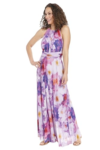 Image of London Times Women's London Times Mesh Halter Maxi Dress with Ruched Waistband Flowy Bohemian Beach Dresses