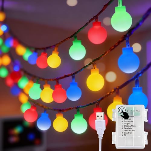Uping 15,5M 100LED Kugel Lichterketten, Globe Lichterkette Außen/Innen Batterie mit USB 8 Modus & Timer Wasserdicht Weihnachtsbeleuchtung für Garten/Party/Hochzeit/Wohnzimmer/Camping (Bunt)