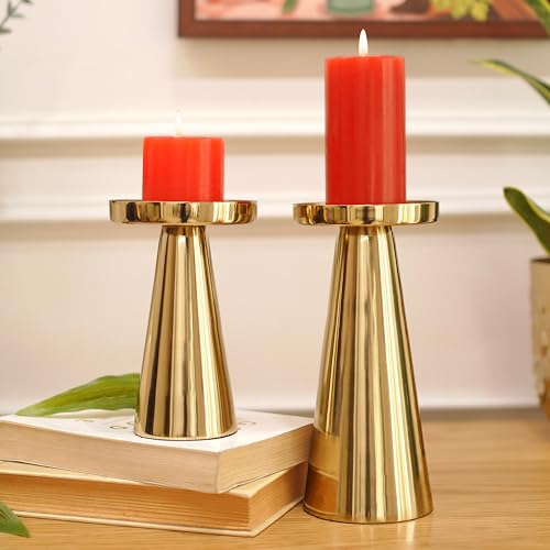 Image of Behoma Handcrafted Gold Metal Pillar Candle Holders Pack of 5 Sets | Decorative Candle Stand Set for Modern Centerpiece for Home Decor, Dining Table, Wedding, Diwali, Christmas & Housewarming Gifts