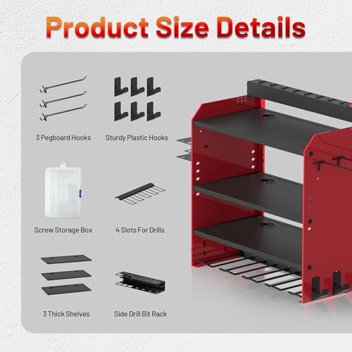 Power Tool Organizer Wall Mount with Charging Station, Garage 4 Drill Storage Shelf with Cordless Tool Holder, Heavy Duty Rack with 8 Outlet Power Strips and Hooks, Gift for Men, Husband (4 Layer) - Image 2