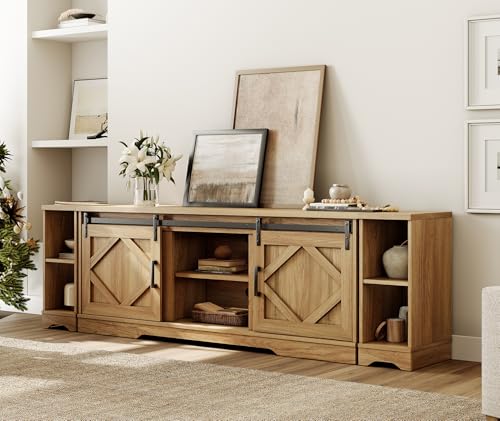 Image of WAMPAT Farmhouse TV Stand for 80-85 inch TV with Distressed Wood Finish