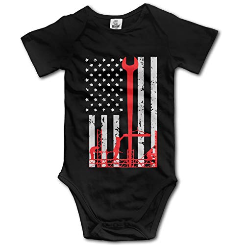 YUE-SKD-SK Ironworker America Flag Baby Rompers Short Sleeve Infant Cotton Bodysuits Onesies Black