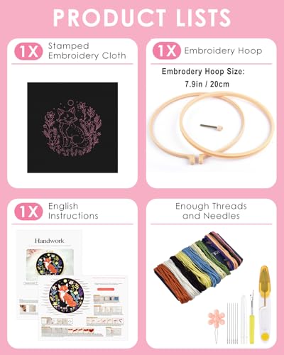 Image of TINDTOP Embroidery Kit for Beginners Adult, Fox Embroidery Kit | Include Embroidery Cloth Hoops Threads for Craft Lover Hand Stitch with Embroidery Skill Techniques