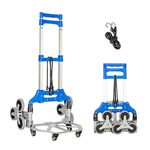 Fullwatt Stair Climber Cart, 15 Inch Height Adjustable Aluminum Portable Folding Stair Climbing Cart Tri-Wheels with Bungee Cord Heavy Duty All Terrain Stair Climbing Hand Truck (Blue)