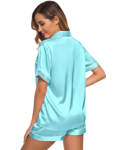 Image of SWOMOG Womens Silk Satin Pajamas Set Short Sleeve Sleepwear Button Down Top and Shorts Loungewear 2 Piece Pjs Set XS-3XL