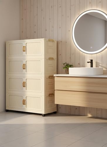 Image of House of Quirk Foldable Storage Box Cabinet with Wheels - DIY, Multi-Purpose Bedroom & Living Room Organizer, Shoe Rack, Snack & Household Storage (Cream, 5 Layer, 78cm)