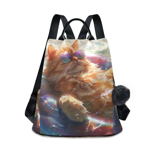 Sac à dos antivol femme avec motif chat orange et pompon élégant sécurisé