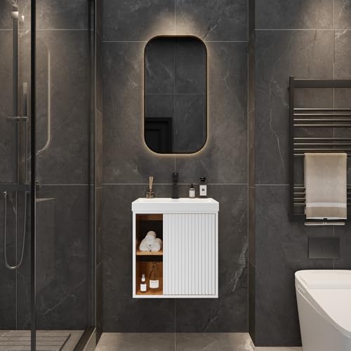 UEV Meuble Lave-Mains Suspendu avec Lavabo en Résine - Meuble de Salle de Bain Mural Gain de Place - Design Moderne à Lignes Verticales et Poignées...