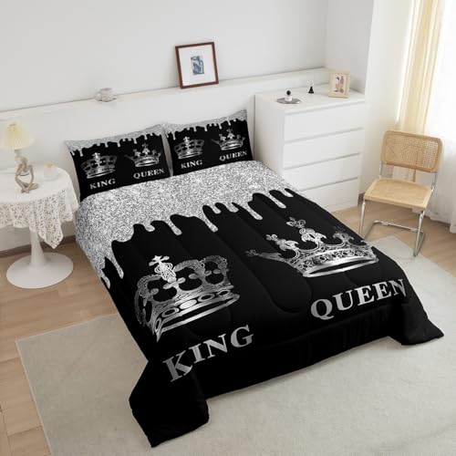 Image of Feelyou Couple Twin Silver Crown King & Queen Bedding Set Boys Girls Mr & Mrs Comforter Set Glitter Print Comforter Adults Anniversary Duvet Set 2Pcs