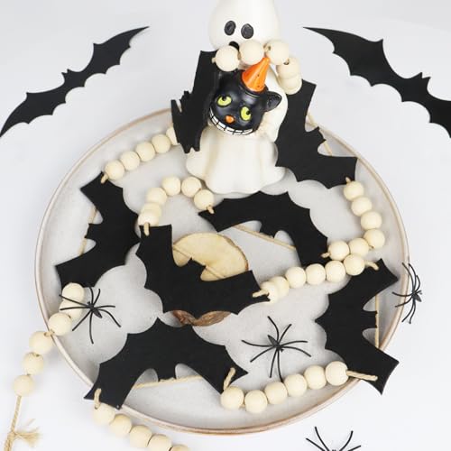 Halloween Garland Decorations - Adjustable Spooky Hanging Black Felt Bat Garland Fireplace Decor - Aesthetic Boho Wood Beads Mantel Banner for Home Room Indoor Farmhouse Office Wall Halloween Decor - Image 7