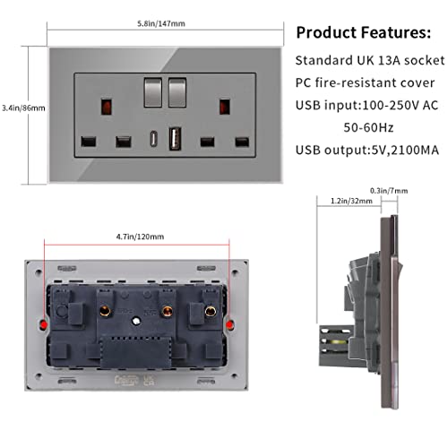 5 Pack CNBINGO Glass Double Switched Socket with USB-A and Type-C Charging Ports, Grey Tempered Glass Panel Wall Outlet, 2 Gang 13 Amp Electric Power Socket 5 Pack CNBINGO Glass Double Switched Socket with USB-A and Type-C Charging Ports, Grey Tempered Glass Panel Wall Outlet, 2 Gang 13 Amp Electric Power Socket