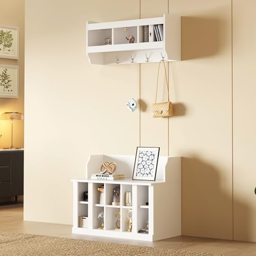 Image of Shoe Storage Bench with Shelves and 4 Hooks, Entryway Hall Tree with Shoe Cabinet with Coat Rack