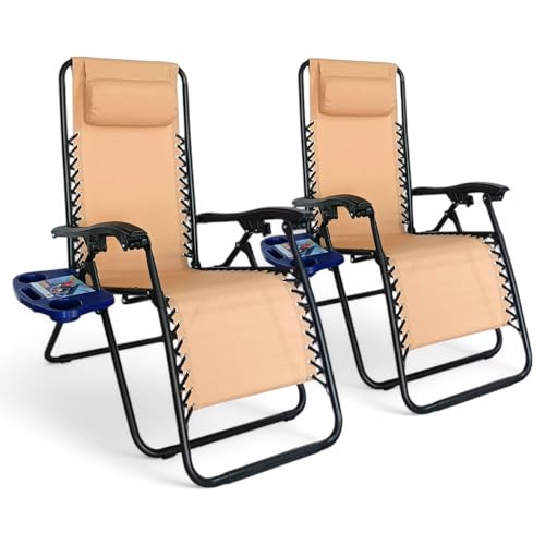 Pincho Tumbona Jardin Exterior Plegable de Gravedad Cero   Pack 2 Sillas Reclinables o Hamacas para Playa, Terraza y Camping con Portavasos, Ligeras y Cómodas (Beige)