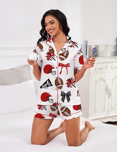 Image of SHESHOW Pajamas for Women Set Satin Button Down Short Sleeve Top and Shorts Pjs Sets Sport Ball Print Sleepwear XS-XXL