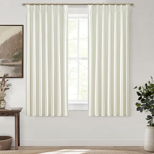 Image of Cute Short Window Blackout Kitchen Curtains 45 Inches Long 2 Panels Set, Farmhouse Light Cream Linen Pinch Pleated Linen Drapes with Hooks Rings Thermal Heat Blocking Ivory White Curtain for Windows