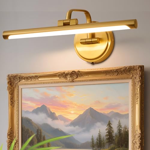 Hard-Wired Picture Light for Wall,16'' Inch Modern Brass Metal Body Dimmable Frame Light with Adjustable Swing Arm 3CCT LED Art Display Light for Paintings Gallery 6W Wall Light, Hallway Vanity Light