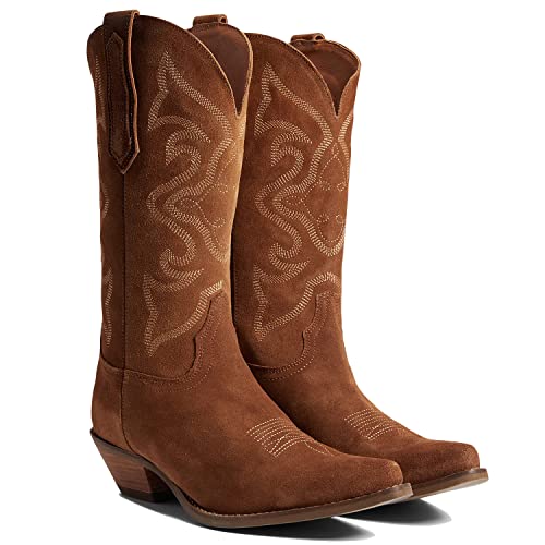 Image of LEHOOR Cowboy Boots Women Embroidered Mid Calf Western Boots Stacked Low Heel Pointed Toe Pull On Cowgirl Boot 4-11 M US