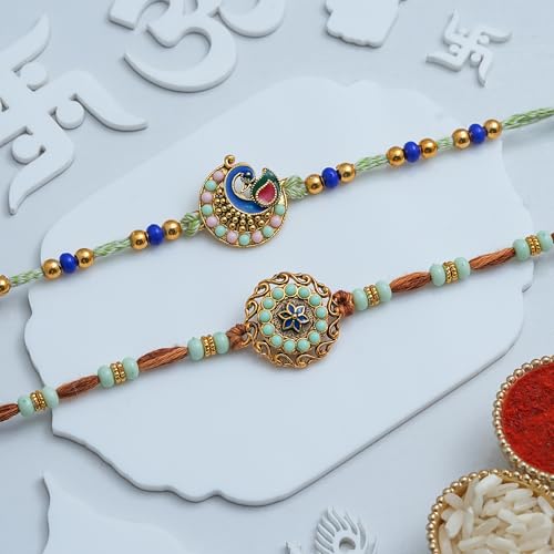 Image of eCraftIndia Beautiful Floral Peacock Designer Rakhi Set of 2 | Rakhi for Brother Bhaiya Bhai with Best Bro Ever Fridge Magnet | Roli Chawal Pack