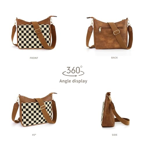 Women's Checkered Crossbody Bag – Quilted Seam Trendy Vegan Leather Shoulder Bag with Embroidered Strap4