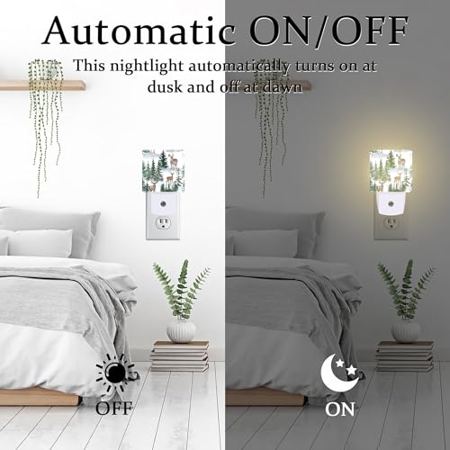 Image of Winter Deer and Snowy Forest Night Light for Kids,Christmas Pine Trees Deer Night Light Plug in with Dusk to Dawn Sensor,0.5w Energy Saving Nightlight for Hallway Stairway Kitchen Bedroom