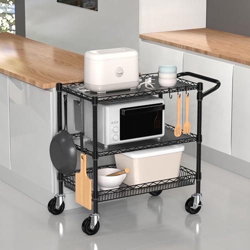 Heavy Duty Commercial Grade Metal Kitchen Storage Cart with Handle Bar & Shelf Liner