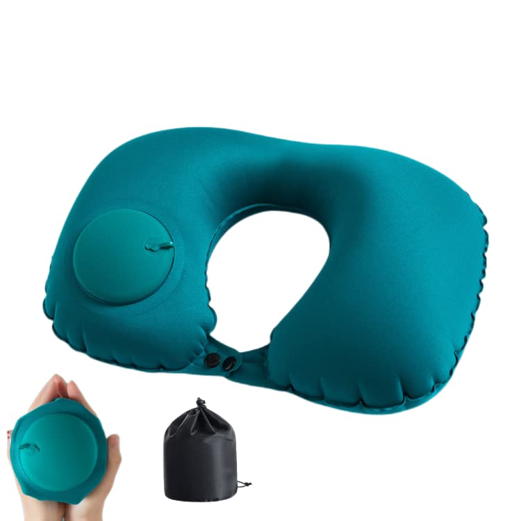 Press Type Automatic Inflatable U-Shaped Pillow, Milk Silk Air Pillow Core, Cool, Breathable, Comfortable and Portable, Suitable for Women, Men, Aircraft, Train, Car, Office Rest, Nap (Green)