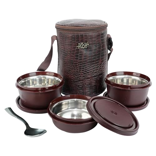 Image of KOI Insulated Lunch Box Set | 3 Inside Steel Containers (290ml, 450ml, 600ml) with BPA Free Lids | Leakproof Microwave Safe Tiffin | Adjustable Shoulder Strap Lunch Bag for Office Travel (Brown Croko)