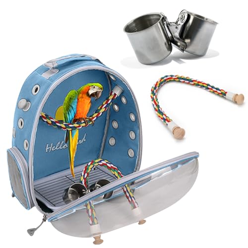 PETCUTE Bolsa de Transporte para Pájaros, Transparente, Transpirable, Mochila para Pájaros con Percha y Bandeja, Espaciosa, Ideal para Viajes en Tren, Automóvil, Restaurante o Avión (Azul)