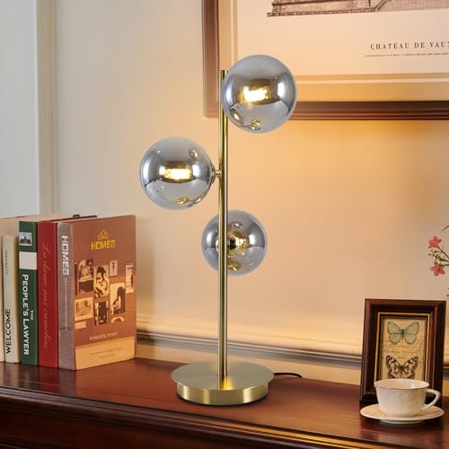 Image of Mid Century Globe Table Lamp, Modern 3 Lights Gold Brass Desk Lamp, Contemporary Smoky Grey Glass Globe Bedside Lamp for Bedroom Living Room Study Room