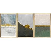 SIGNWIN Framed Canvas Print Wall Art Trio of Watercolor Landscapes with Gold Horizon Abstract Shapes Illustrations Modern Art Multicolor Pastel for Living Room, Bedroom, Office - 16