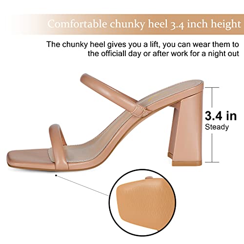 Athlefit Women's Square Open Toe Two Strap Heeled Sandals Slip On Block Chunky Heels Sandals2