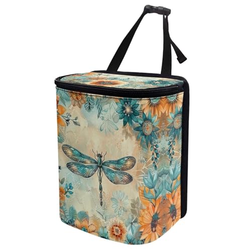 Image of DISNIMO Floral Dragonfly Car Trash Can for Car Cute, Car Trash Bag Bin Hanging Foldable Automotive Car Garbage Cans Leak Proof Vehicle Trash Can Black